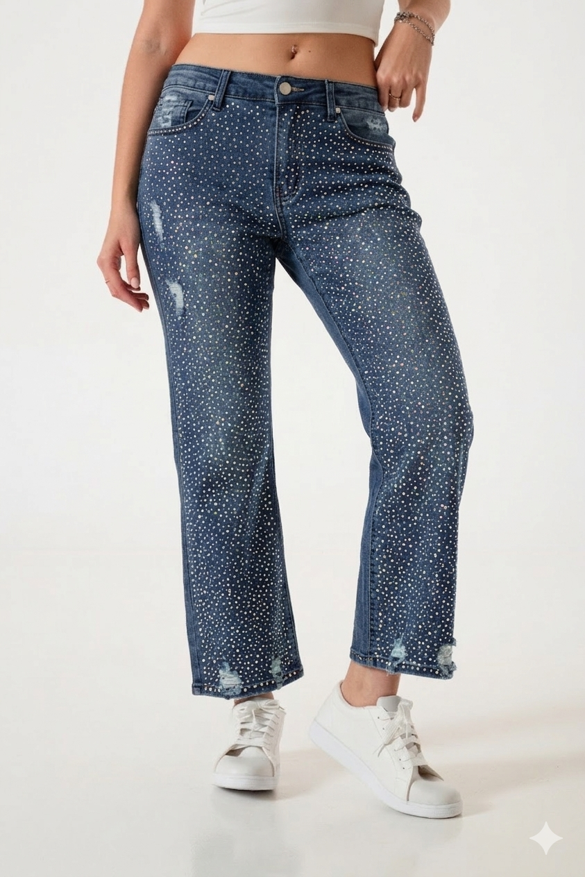 JEAN RECTO ROTURA STRASS - LYFJ687-1