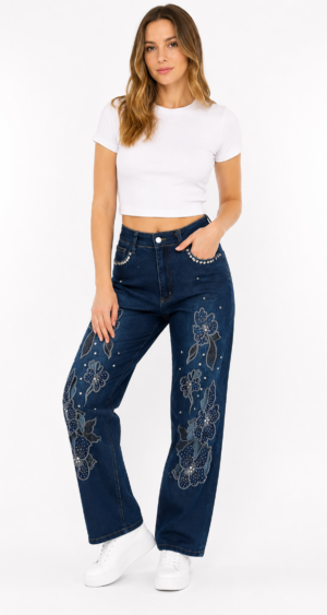 JEAN WID LEG STRASS FLORES - A25R21