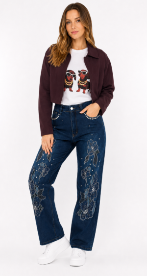 JEAN WID LEG STRASS FLORES - A25R21