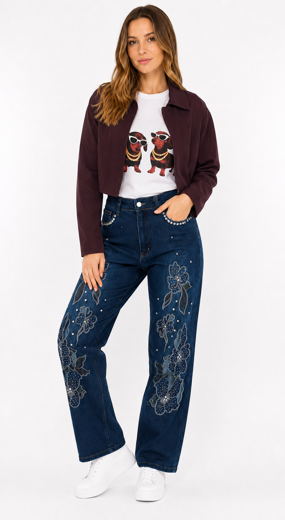 JEAN WID LEG STRASS FLORES - A25R21