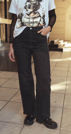 JEAN BLACK WID LEG STRASS - A25R10