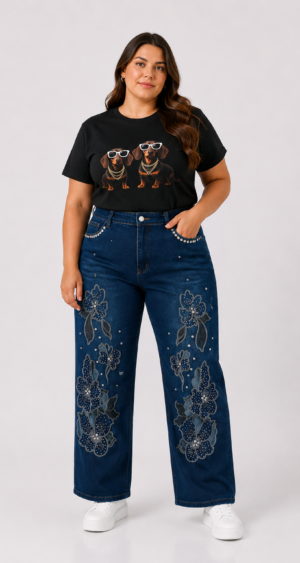 JEAN WID LEG STRASS FLORES - A25R21 PLUS SIZE