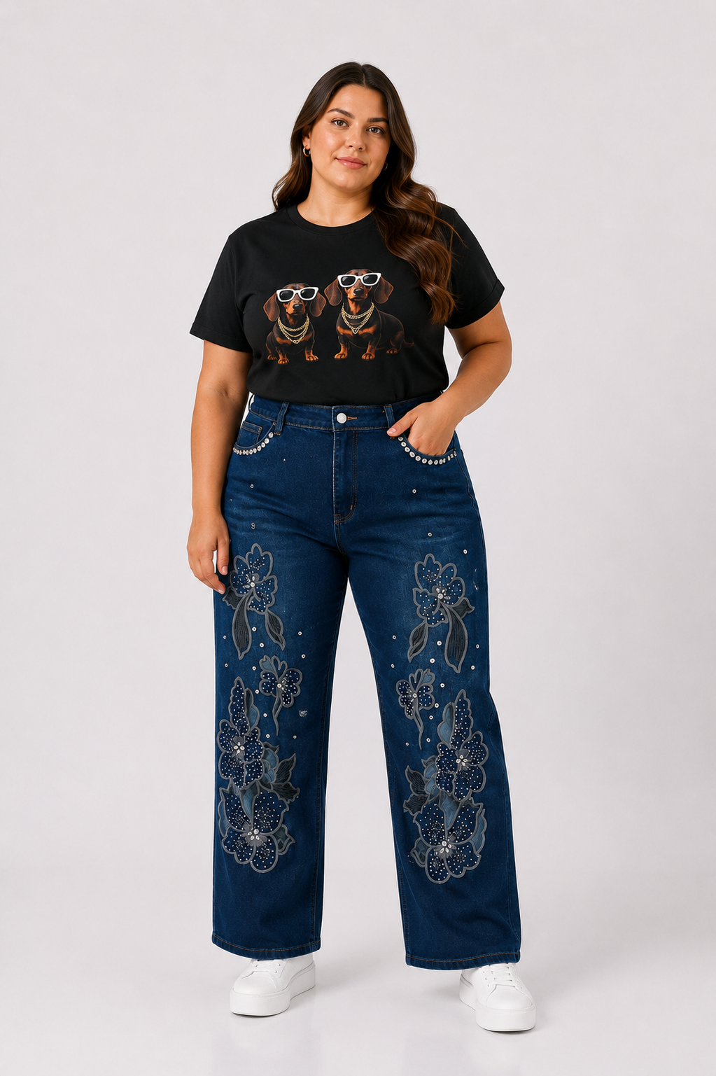 JEAN WID LEG STRASS FLORES - A25R21 PLUS SIZE
