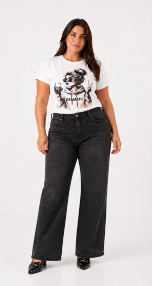JEAN BLACK WID LEG STRASS - A25R10 PLUS SIZE