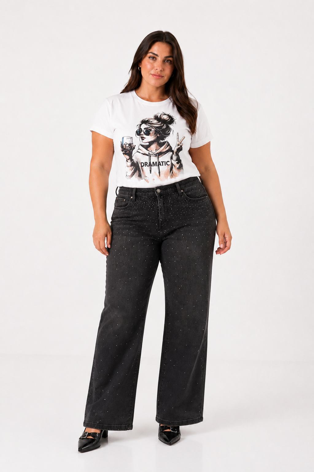 JEAN BLACK WID LEG STRASS - A25R10 PLUS SIZE