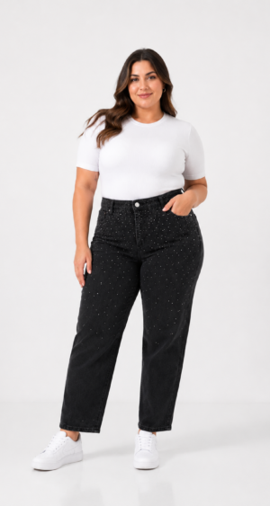 JEAN BLACK MOM STRASS - A25R10M PLUS SIZE